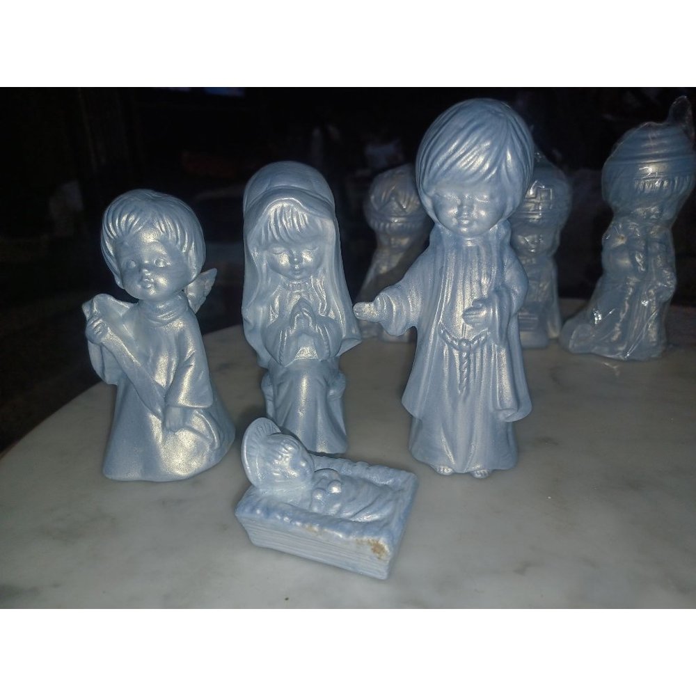 Nativity Scene 12 Piece Light Blue Painted Porcelain